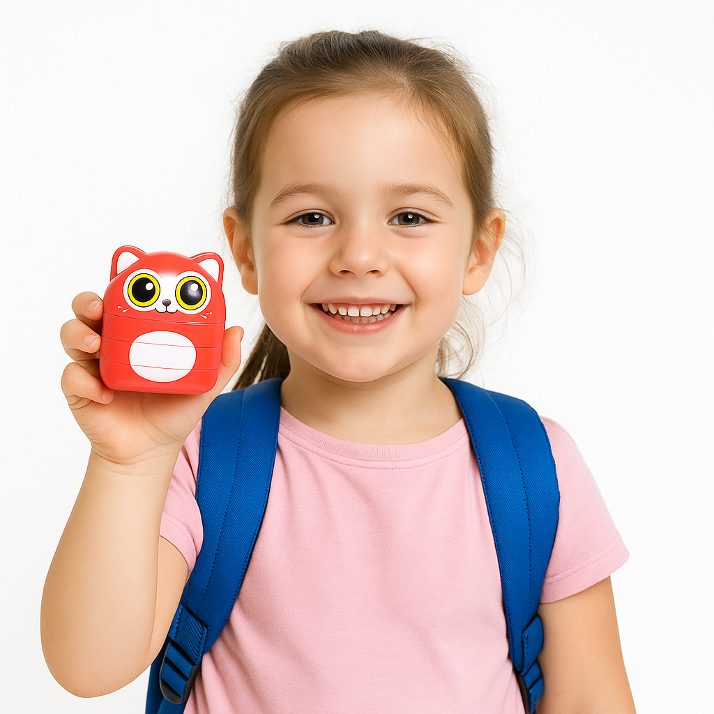 Niña marcando ropa escolar con sello personalizado DuoStamp