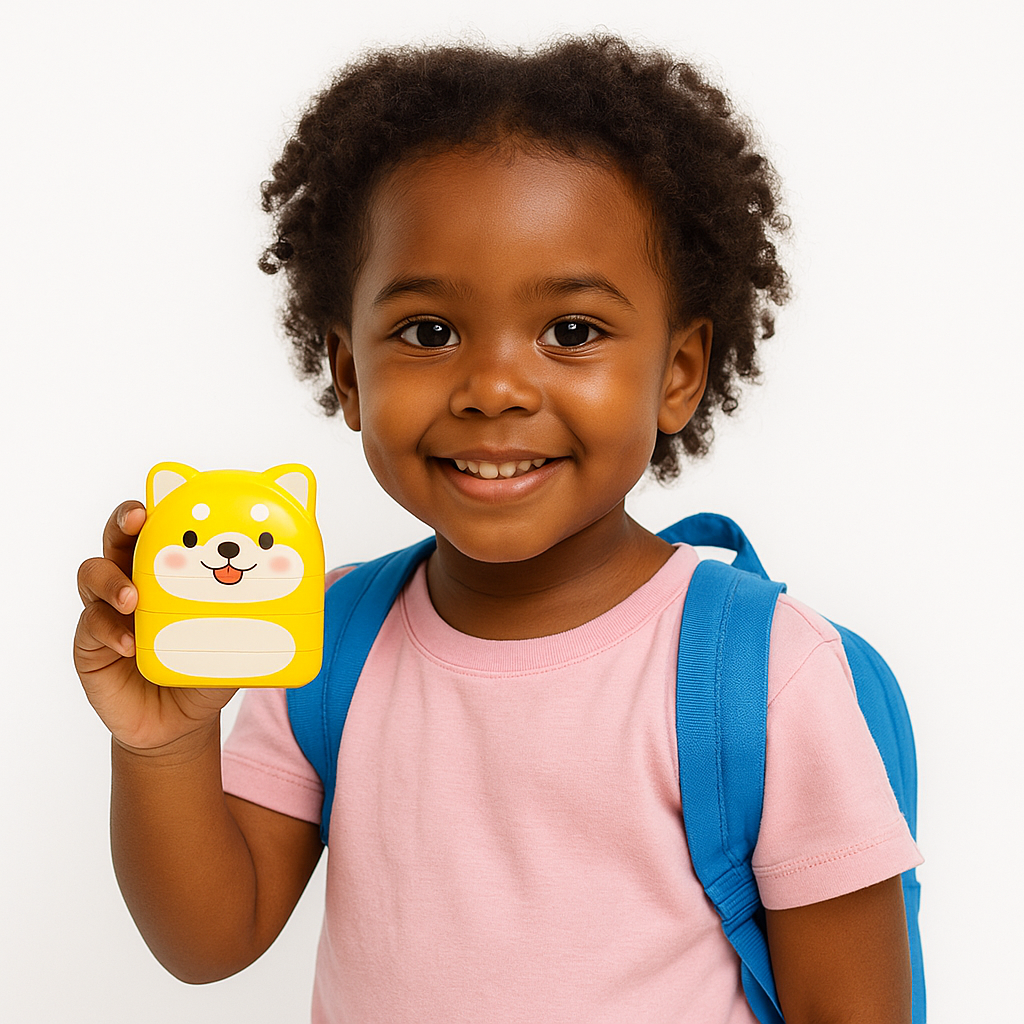 Niña marcando ropa escolar con sello personalizado DuoStamp